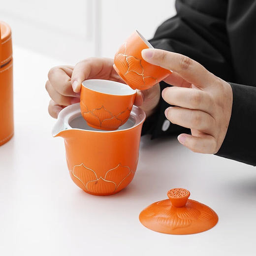 敦煌文创（DUNHUANG INSPIRATION）敦煌文创步步莲生快客杯一壶二杯便携茶具套装送长辈中秋节礼物 橙色 商品图2