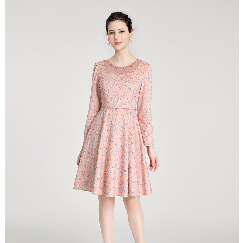 司歌冬长袖连衣裙圆领印花灯芯绒收腰A881295