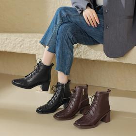 粗跟棕色中跟，方头瘦瘦靴英伦风短靴MBJR-639