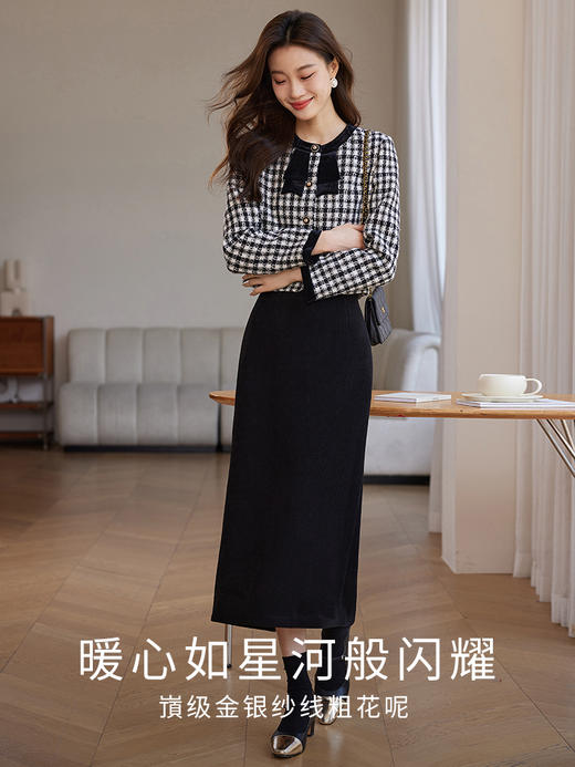 【年货节】熙世界法式优雅小香风外套女2025冬季新款格纹粗花呢蝴蝶结加厚短外套 商品图2