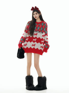 【服饰专场】秋冬新款实拍宽松美式复古圣诞风拼色圆领针织毛衣
