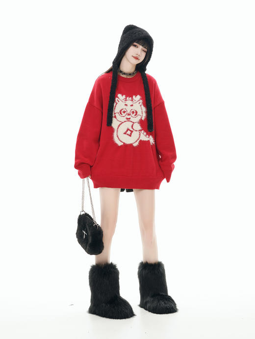 【服饰专场】秋冬新款实拍宽松美式国潮龙年提花圆领针织毛衣 商品图4