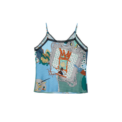 谜底花色吊带2024春夏新款印花蕾丝花边V领细吊带内搭女246MN8001 商品图2