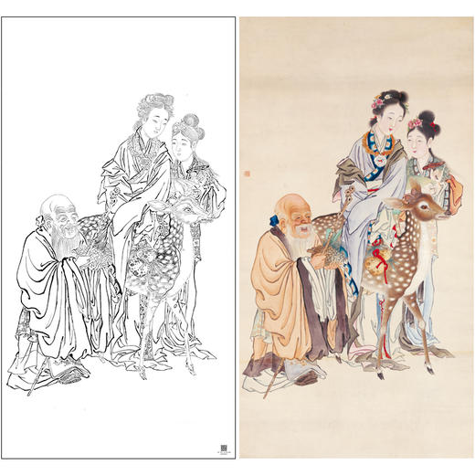 【大彩图】钱慧安工笔画白描底稿《祝寿图》传统人物高清打印稿A623 商品图0