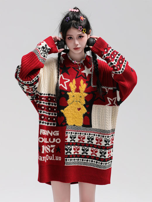 美式复古卡通民族风毛衣男女潮牌慵懒风宽松百搭情侣套头针织衫 商品图0