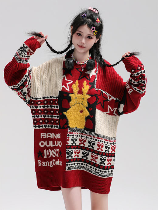 美式复古卡通民族风毛衣男女潮牌慵懒风宽松百搭情侣套头针织衫 商品图3