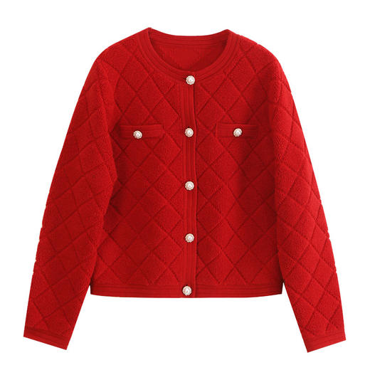 玳莎红色氛围感小香风针织开衫女秋冬新款优雅毛巾绣圆领毛衣  DD33317 商品图4