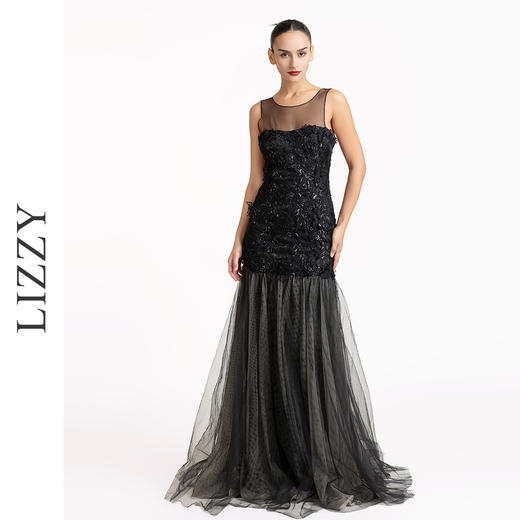 LIZZY时尚优雅重工刺绣立体钉花拼网纱裙摆长款宴会派对裙晚礼服5211 商品图0