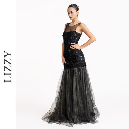 LIZZY时尚优雅重工刺绣立体钉花拼网纱裙摆长款宴会派对裙晚礼服5211 商品图1