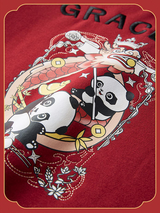 【年货节】熙世界熊猫舞龙国潮红色卫衣秋冬加绒套头连帽衫上衣 商品图2