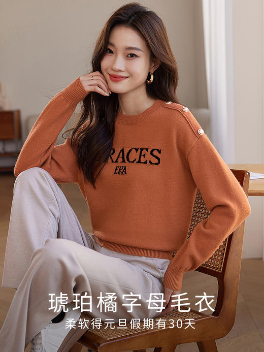 【年终特卖】熙世界提花字母毛衣女套头圆领软糯北极绒打底针织衫2025秋冬款 商品图1