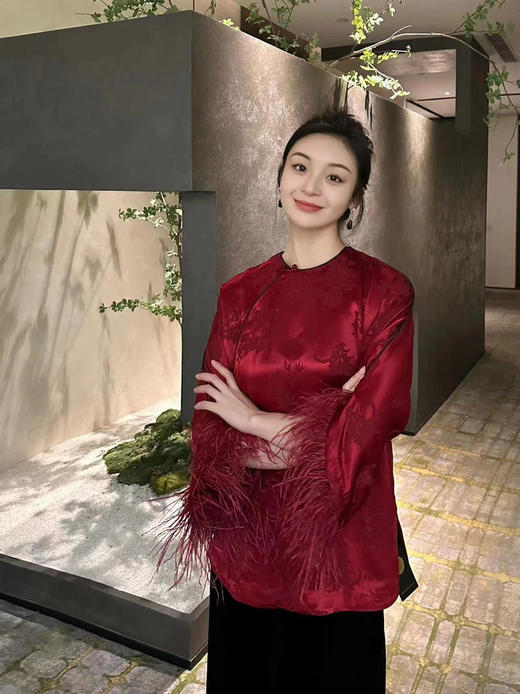 瑕疵|盛唐牡丹 |勃艮第红冠乐绉斜襟上衣[特价品] 商品图2