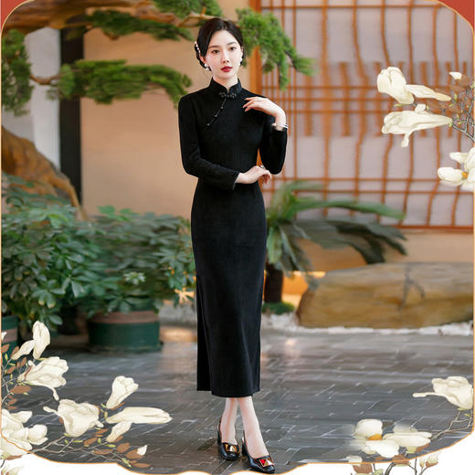 SYG-686长袖旗袍复古民国风改良年轻款少女日常针织连衣裙优雅中长款 商品图7