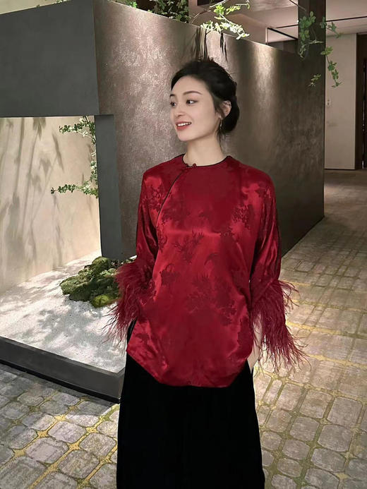 瑕疵|盛唐牡丹 |勃艮第红冠乐绉斜襟上衣[特价品] 商品图0