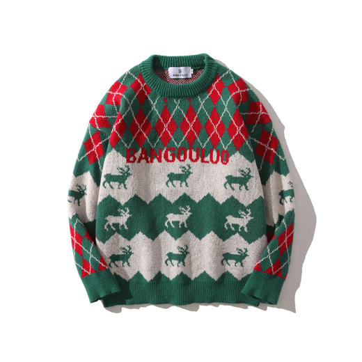 【服饰专场】秋冬新款实拍宽松美式复古圣诞风拼色圆领针织毛衣 商品图6
