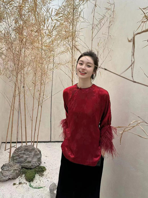 瑕疵|盛唐牡丹 |勃艮第红冠乐绉斜襟上衣[特价品] 商品图6