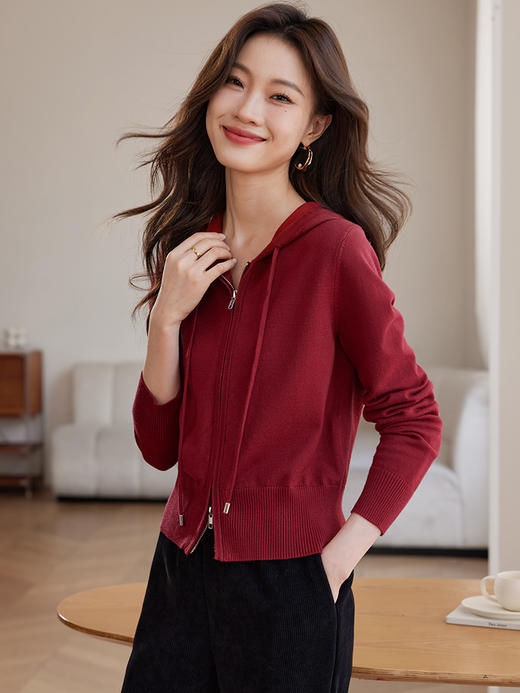 【专属特惠】熙世界拉链针织开衫女外搭2025秋新款女装小个子短款连帽毛衣外套 商品图7