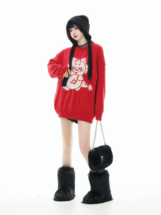 【服饰专场】秋冬新款实拍宽松美式国潮龙年提花圆领针织毛衣 商品图2