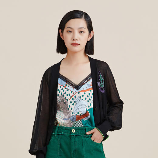 谜底花色吊带2024春夏新款印花蕾丝花边V领细吊带内搭女246MN8001 商品图1