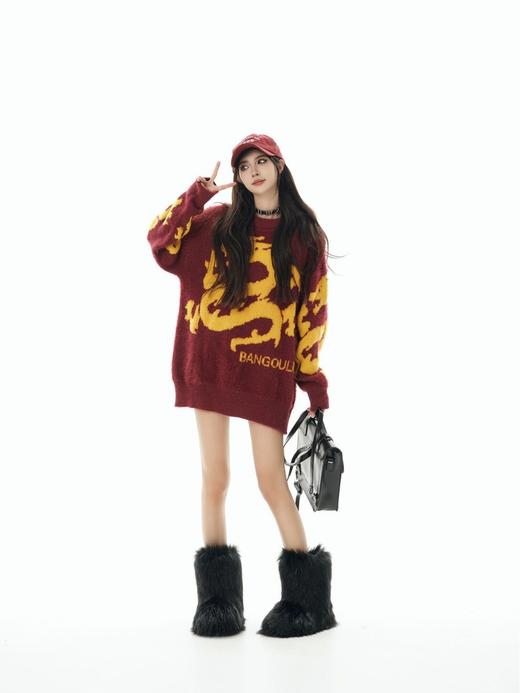 秋冬新款实拍宽松情侣版龙年提花圆领针织毛衣 商品图1