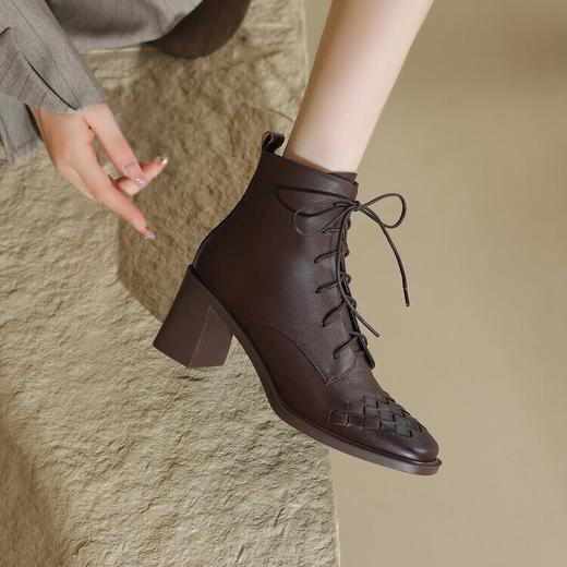 粗跟棕色中跟，方头瘦瘦靴英伦风短靴MBJR-639 商品图2