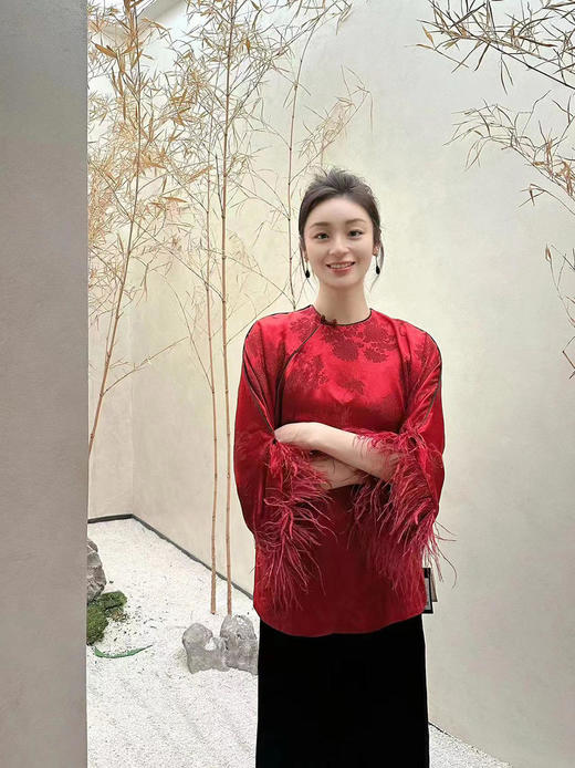 瑕疵|盛唐牡丹 |勃艮第红冠乐绉斜襟上衣[特价品] 商品图5