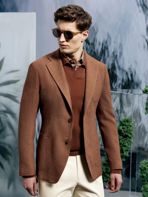 Stylbiella 羊毛蚕丝埃及棉混织橙色全麻衬单西 商品图0