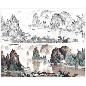 【大彩图】白雪石横幅工笔画白描底稿《千峰竞秀纸》临摹勾线高清打印稿BX02