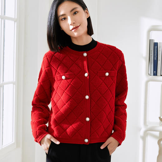 玳莎红色氛围感小香风针织开衫女秋冬新款优雅毛巾绣圆领毛衣  DD33317 商品图0