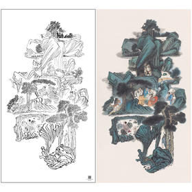 【大彩图】工笔画白描底稿《寿字山水》山水人物高清打印稿A624