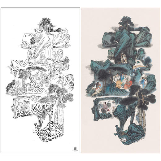 【大彩图】工笔画白描底稿《寿字山水》山水人物高清打印稿A624 商品图0