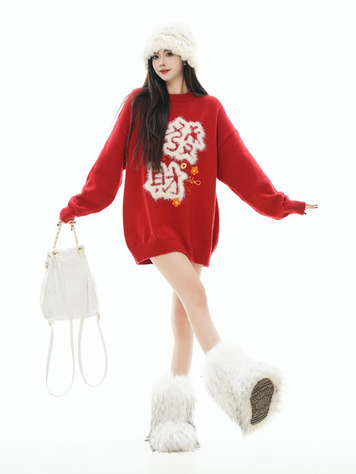 【服饰专场】秋冬新款实拍宽松美式国潮发财提花圆领针织毛衣 商品图3