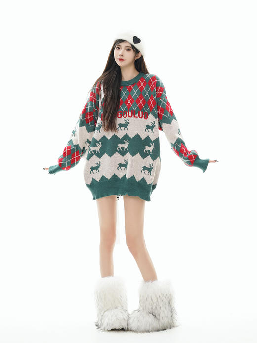 【服饰专场】秋冬新款实拍宽松美式复古圣诞风拼色圆领针织毛衣 商品图1