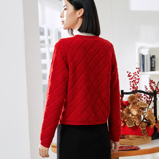 玳莎红色氛围感小香风针织开衫女秋冬新款优雅毛巾绣圆领毛衣  DD33317 商品图2