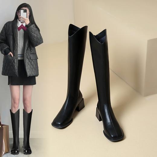 ZHR长筒靴女2023秋冬新款简约气质时尚洋气优雅复古及膝方头女靴 商品图0