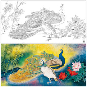 【大彩图】横幅工笔画白描底稿《孔雀》临摹勾线花鸟线稿HN19