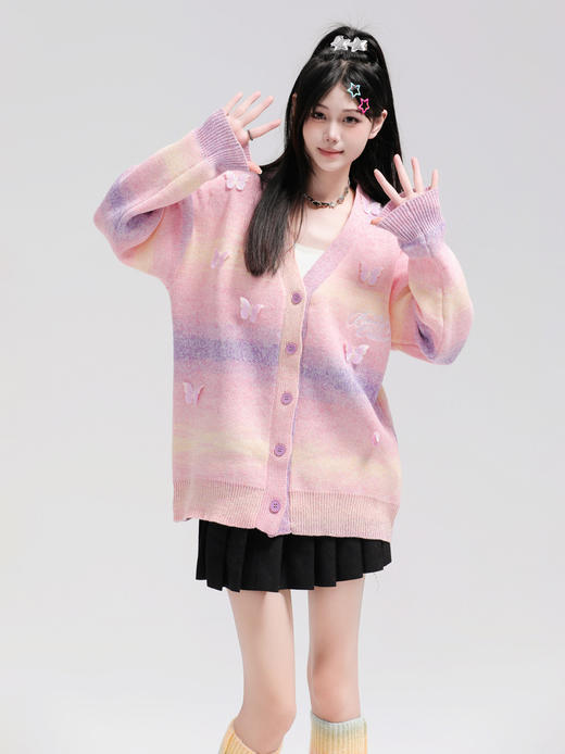 【服饰专场】潮牌ins蝴蝶设计感刺绣开衫V领毛衣外套男女宽松情侣百搭针织上衣 商品图2