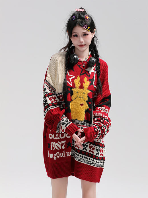 美式复古卡通民族风毛衣男女潮牌慵懒风宽松百搭情侣套头针织衫 商品图4