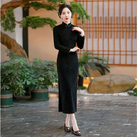 SYG-686长袖旗袍复古民国风改良年轻款少女日常针织连衣裙优雅中长款