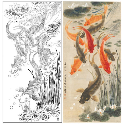 【大彩图】吴青霞工笔画白描底稿《九鲤图轴》鲤鱼荷花临摹勾线花鸟线稿A625 商品图0