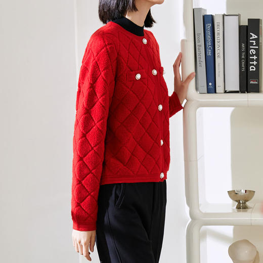 玳莎红色氛围感小香风针织开衫女秋冬新款优雅毛巾绣圆领毛衣  DD33317 商品图3