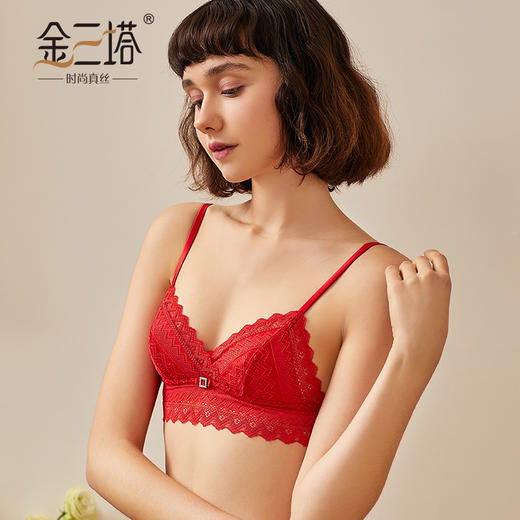 金三塔红色真丝内衣本命年蕾丝无钢圈薄款三角杯文胸   NZF7C304 商品图0