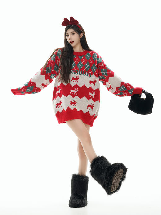 【服饰专场】秋冬新款实拍宽松美式复古圣诞风拼色圆领针织毛衣 商品图2
