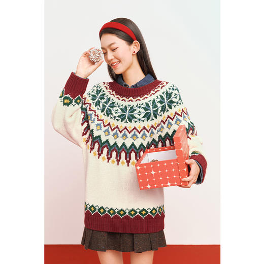 【严选】诗凡黎冬精致费尔岛提花图案圆领大廓形SEC131701 商品图1