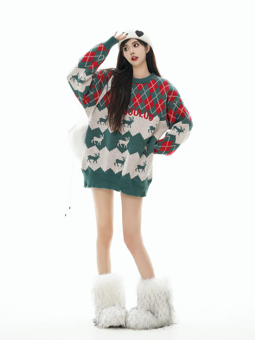 【服饰专场】秋冬新款实拍宽松美式复古圣诞风拼色圆领针织毛衣 商品图3