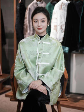盛唐牡丹 |限量款| 嘉陵水绿富贵牡丹真丝漳绒对襟外套