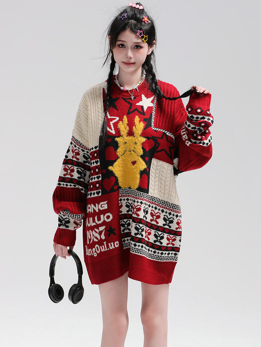 美式复古卡通民族风毛衣男女潮牌慵懒风宽松百搭情侣套头针织衫 商品图1