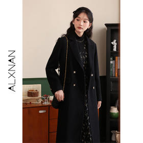 鹿向南《心情图书馆》单面呢黑色毛呢外套女秋冬新款收腰大衣