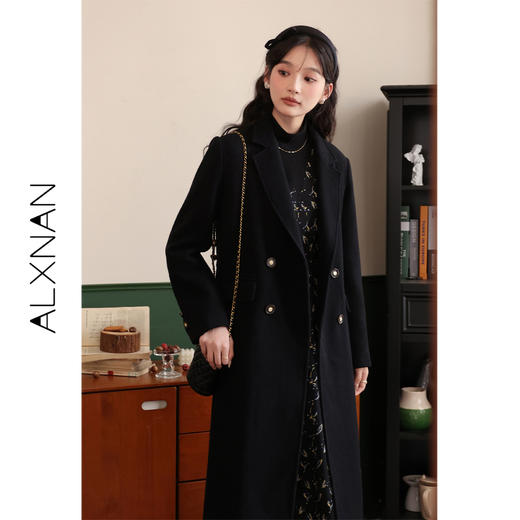 鹿向南《心情图书馆》单面呢黑色毛呢外套女秋冬新款收腰大衣 商品图0