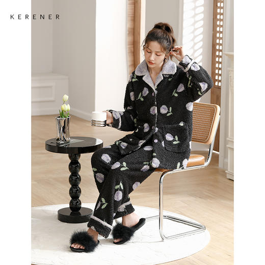 可人儿冬季保暖舒棉绒睡衣女士韩版开衫加厚加绒珊瑚绒家居服套装 商品图2